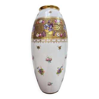 Très grand vase en porcelaine de limoges bernardaud blanc et or iris