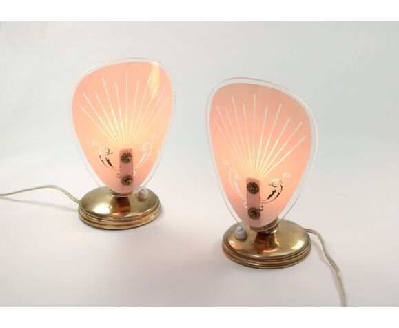 Set of 2 mid-century pink glass table lamps, 1950s | Selency