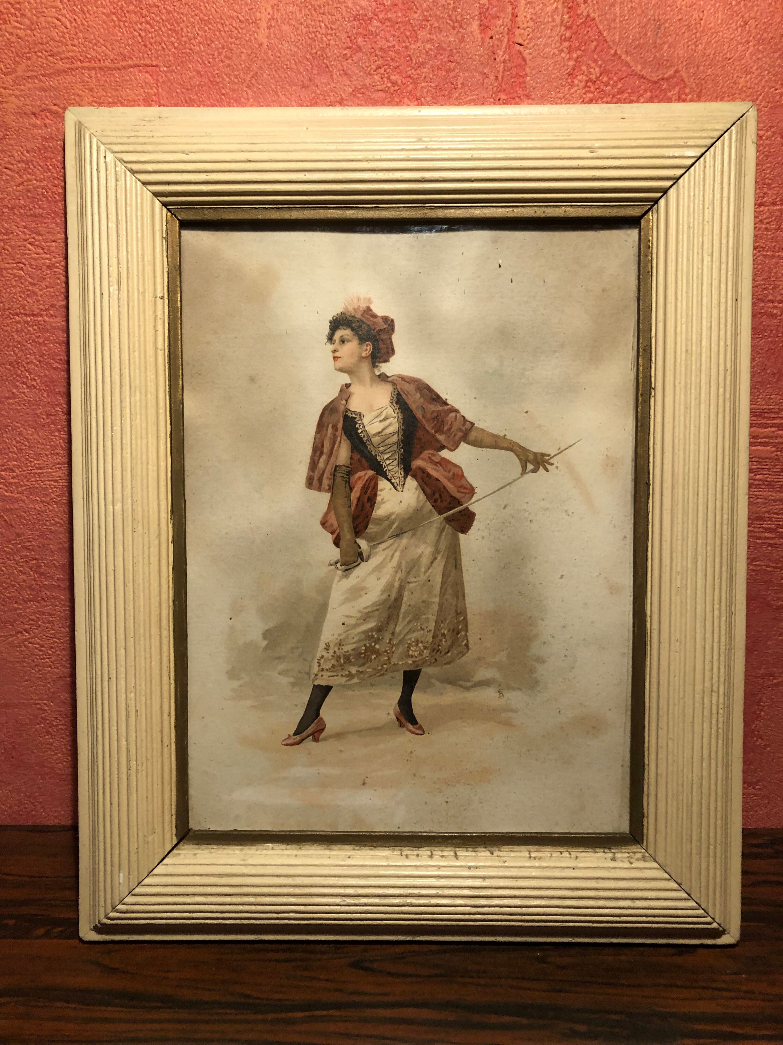 Pair Old Fashion Engraving Color + Frame Wood Vintage Cream