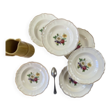 Set of 6 antique Badonviller earthenware soup plates with flowers and gilding
