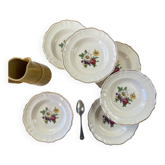 Set of 6 antique Badonviller earthenware soup plates with flowers and gilding