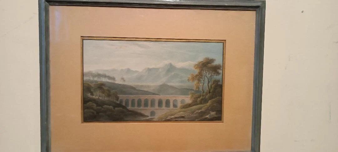 Aquarelle ancienne sur papier du début du XIXe siècle – paysage avec aqueduc.