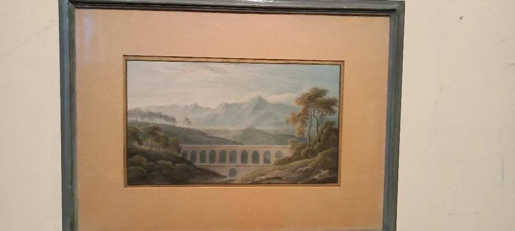 Aquarelle ancienne sur papier du début du XIXe siècle – paysage avec aquedu