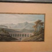 Aquarelle ancienne sur papier du début du XIXe siècle – paysage avec aquedu