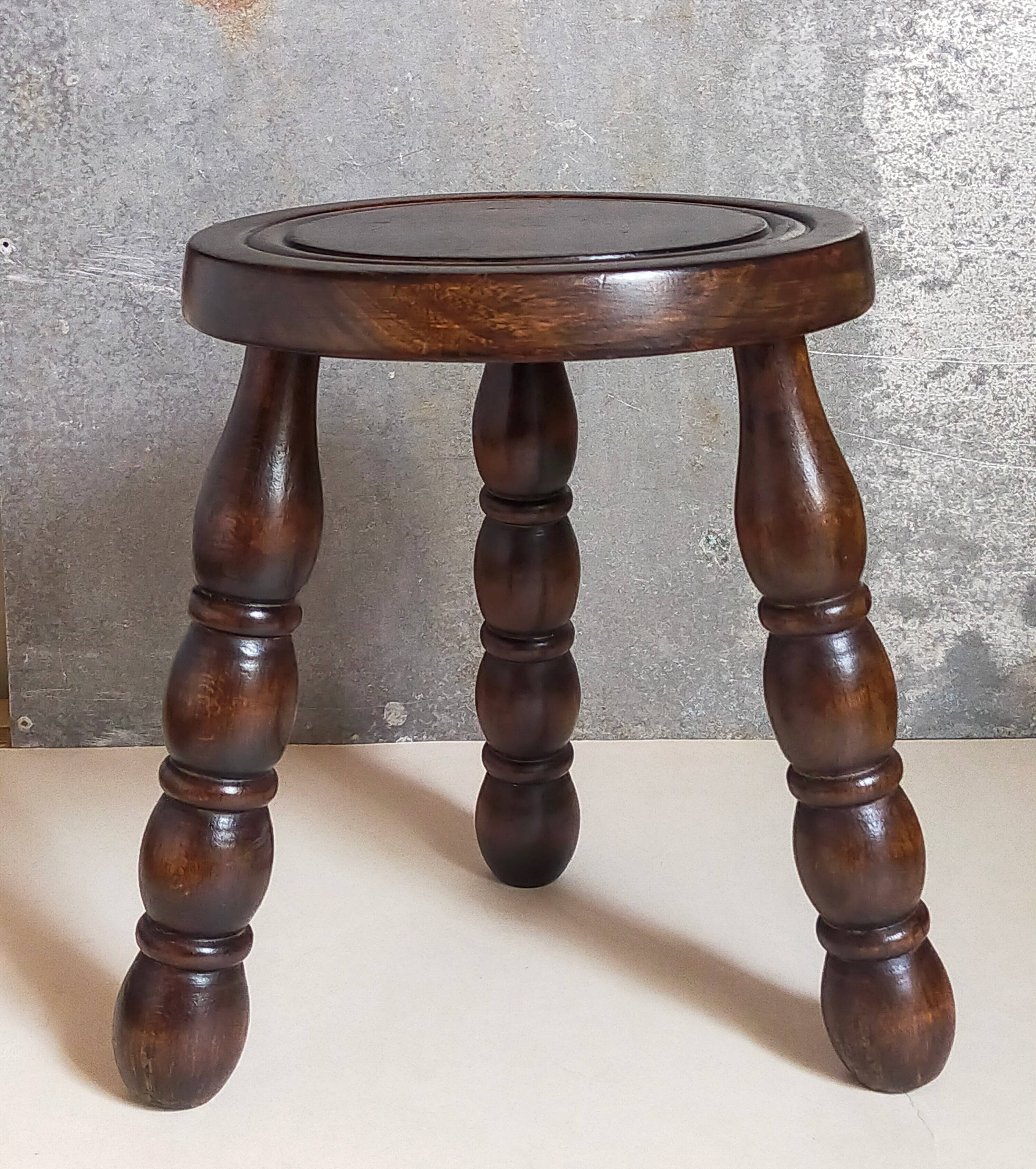 Vintage solid turned wood tripod stool