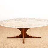 Oval coffee table in Carrara marble and rosewood, Hugues Poignant 1960