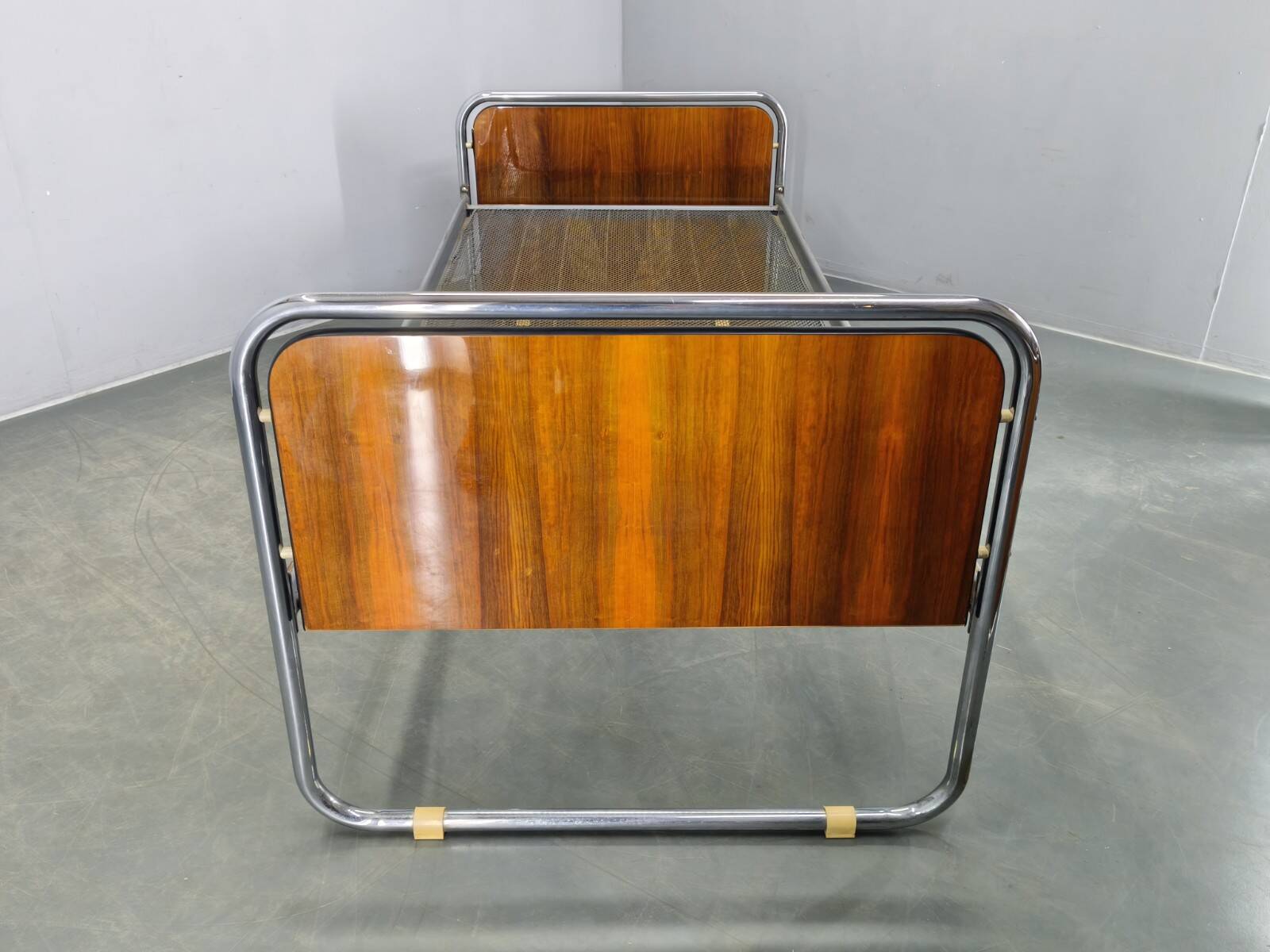 Bauhaus Tubular Steel Bed with Walnut Panels, Czechoslovakia, 1930s