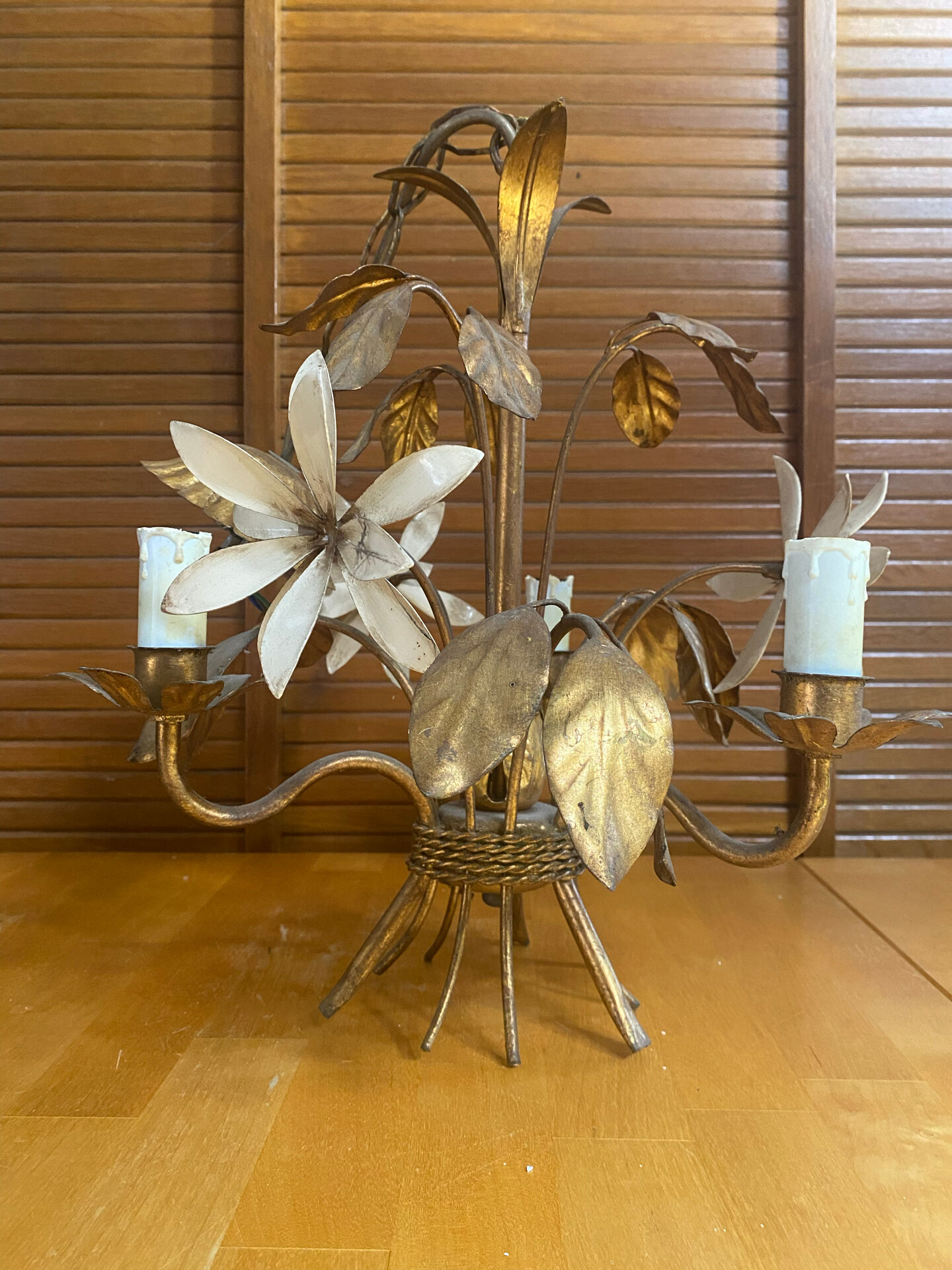 Vintage Lustre + 2 MASCA Wall Lights Hollywood Regency Gold Metal 70s It