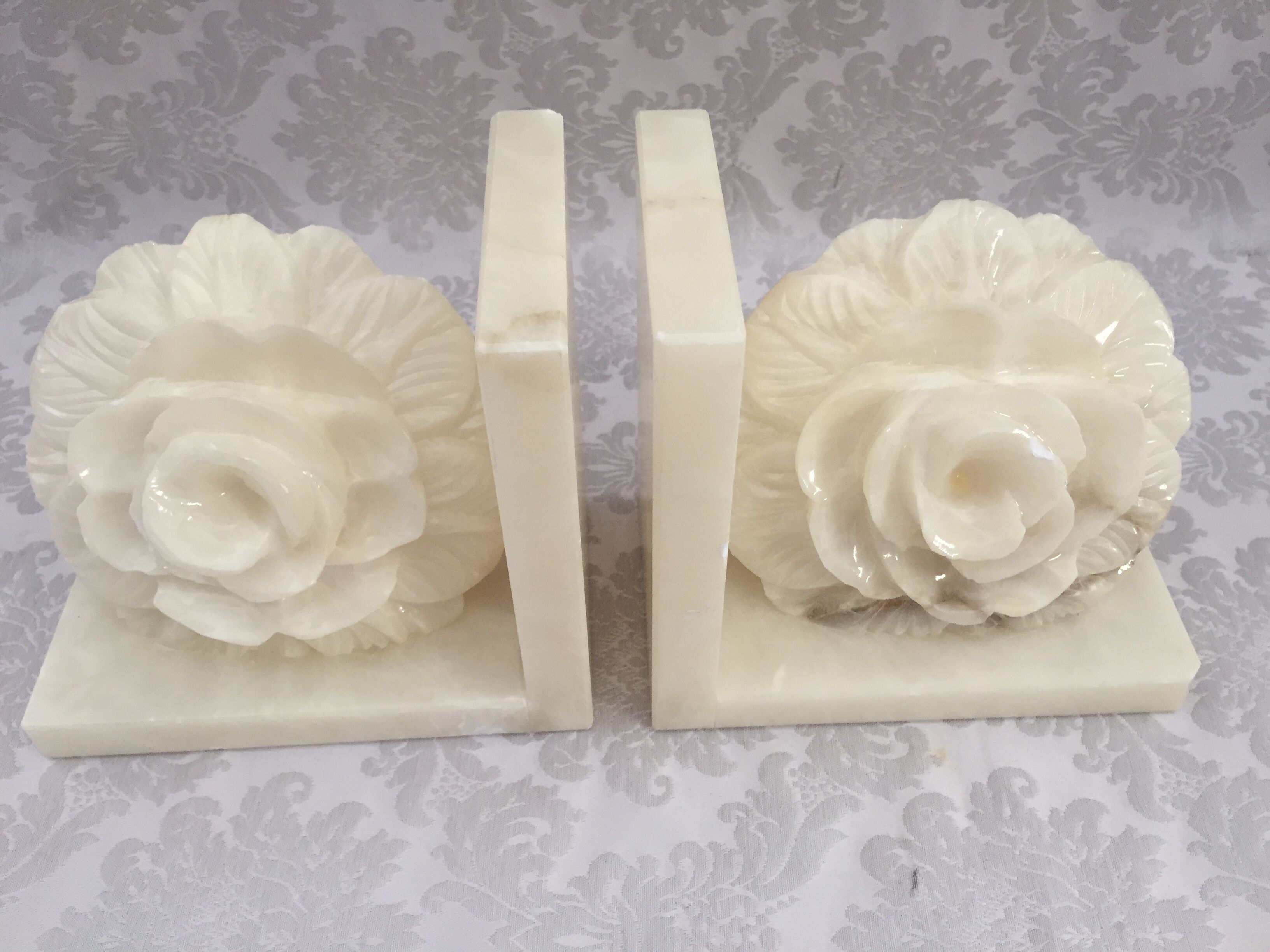 Pair of vintage alabaster bookends decor flower 1970