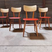 Set of 4 red wooden chairs published by Ton, 60s