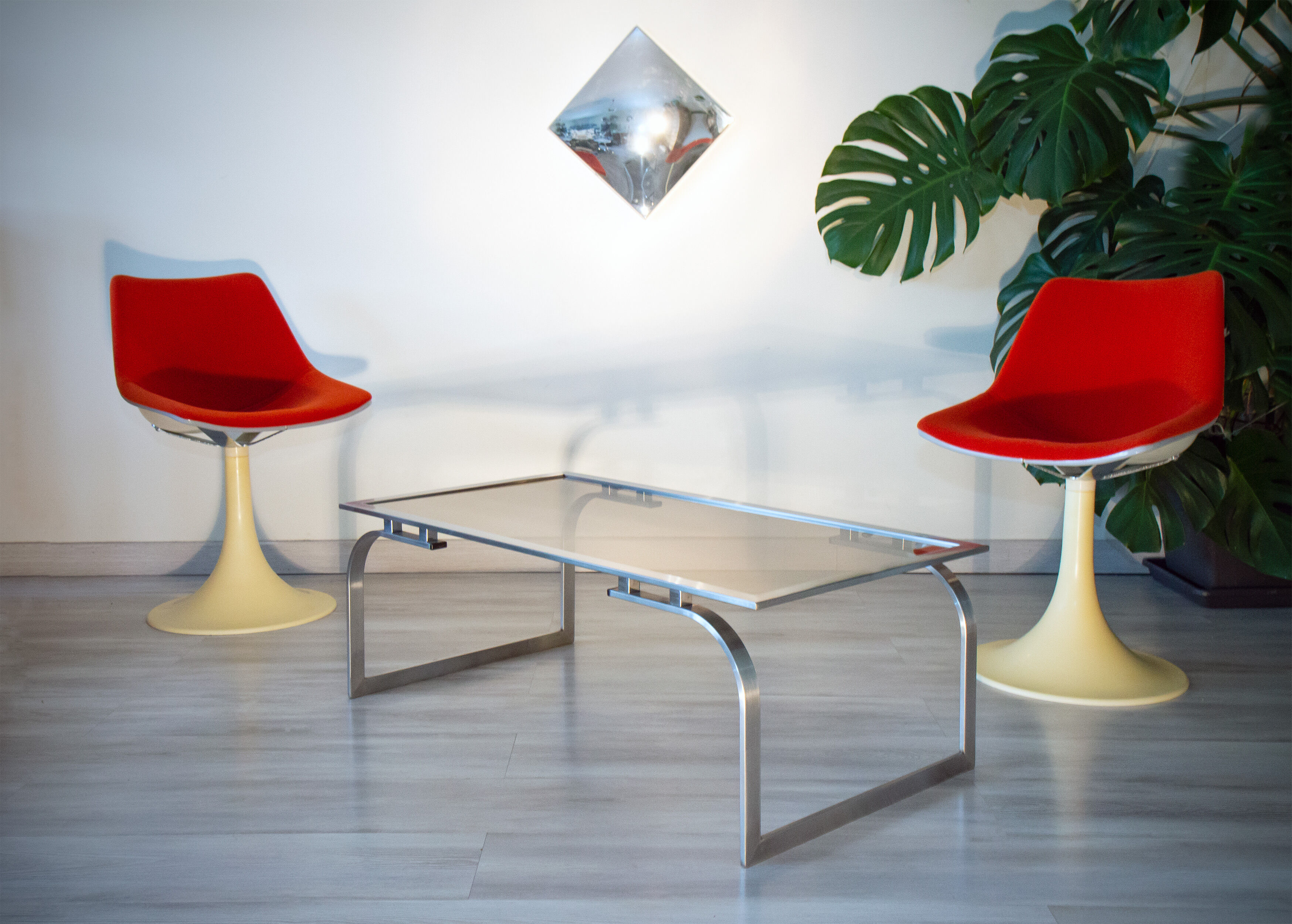 Coffee table 1970 smoked glass and metal