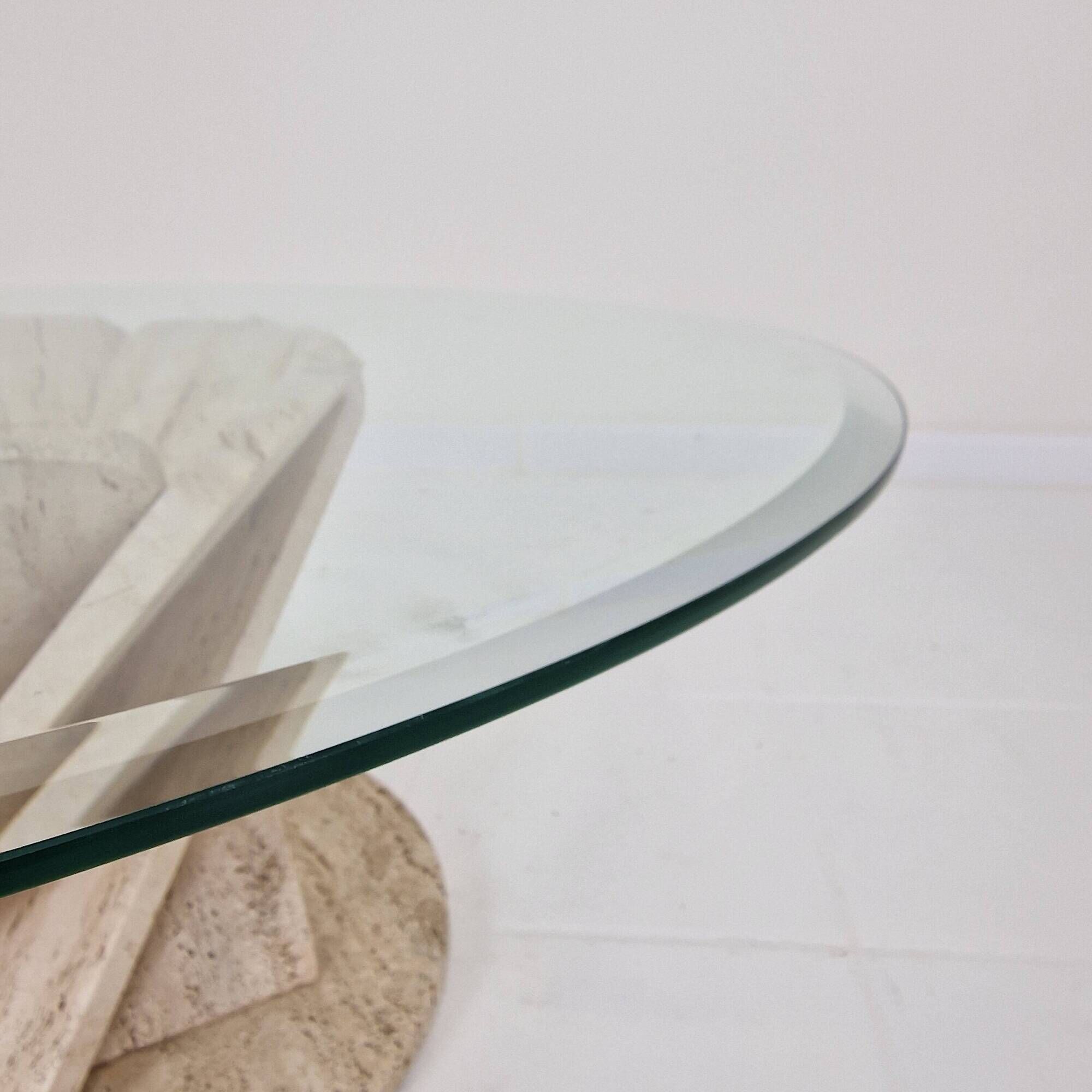 Italian "Flower" Coffee Table in Travertine With Facet-cut Round Plate, 1980s