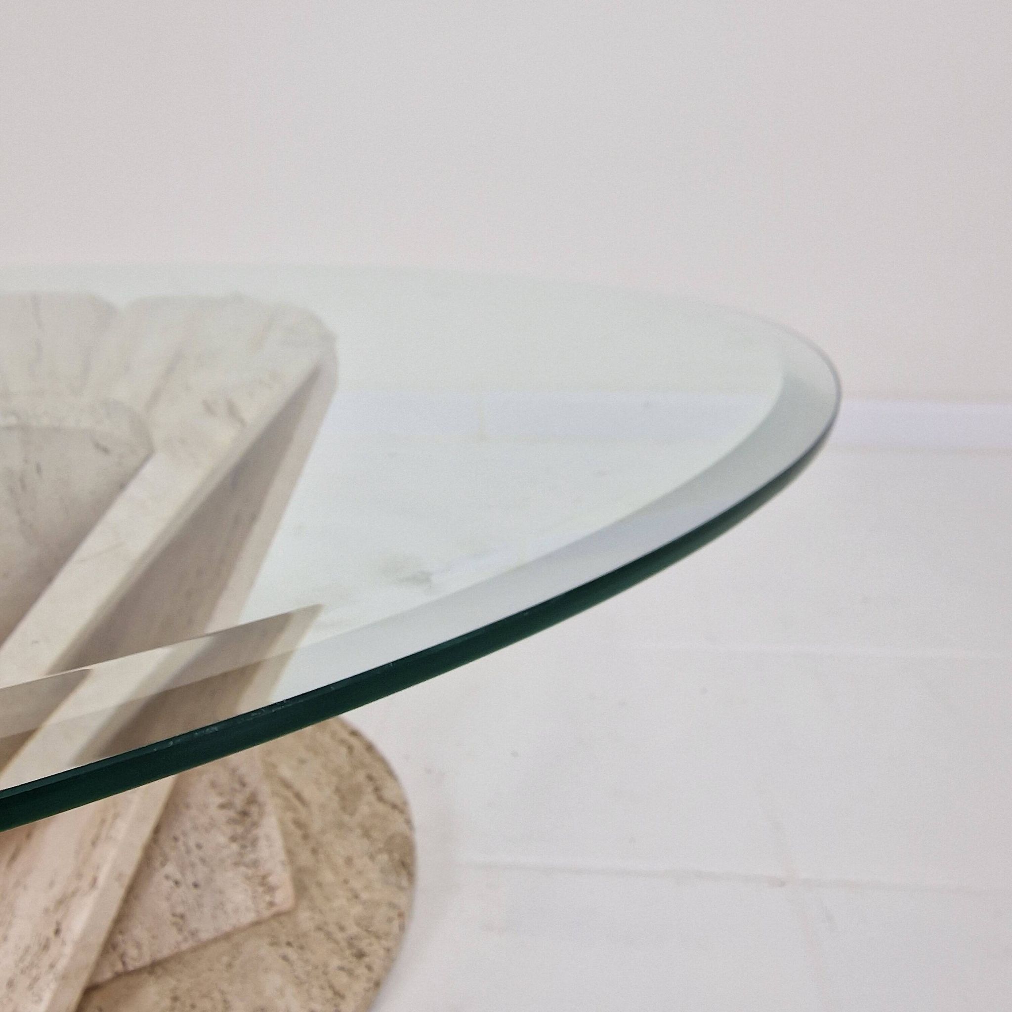 Italian "Flower" Coffee Table in Travertine With Facet-cut Round Plate, 1980s