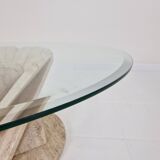 Italian "Flower" Coffee Table in Travertine With Facet-cut Round Plate, 1980s