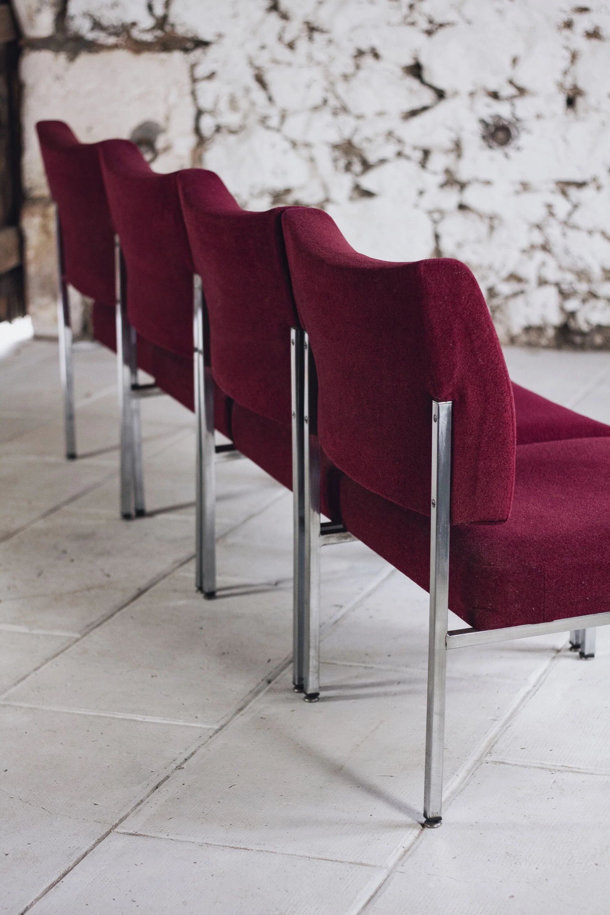 Set of 4 modernist burgundy armchairs, 1970.