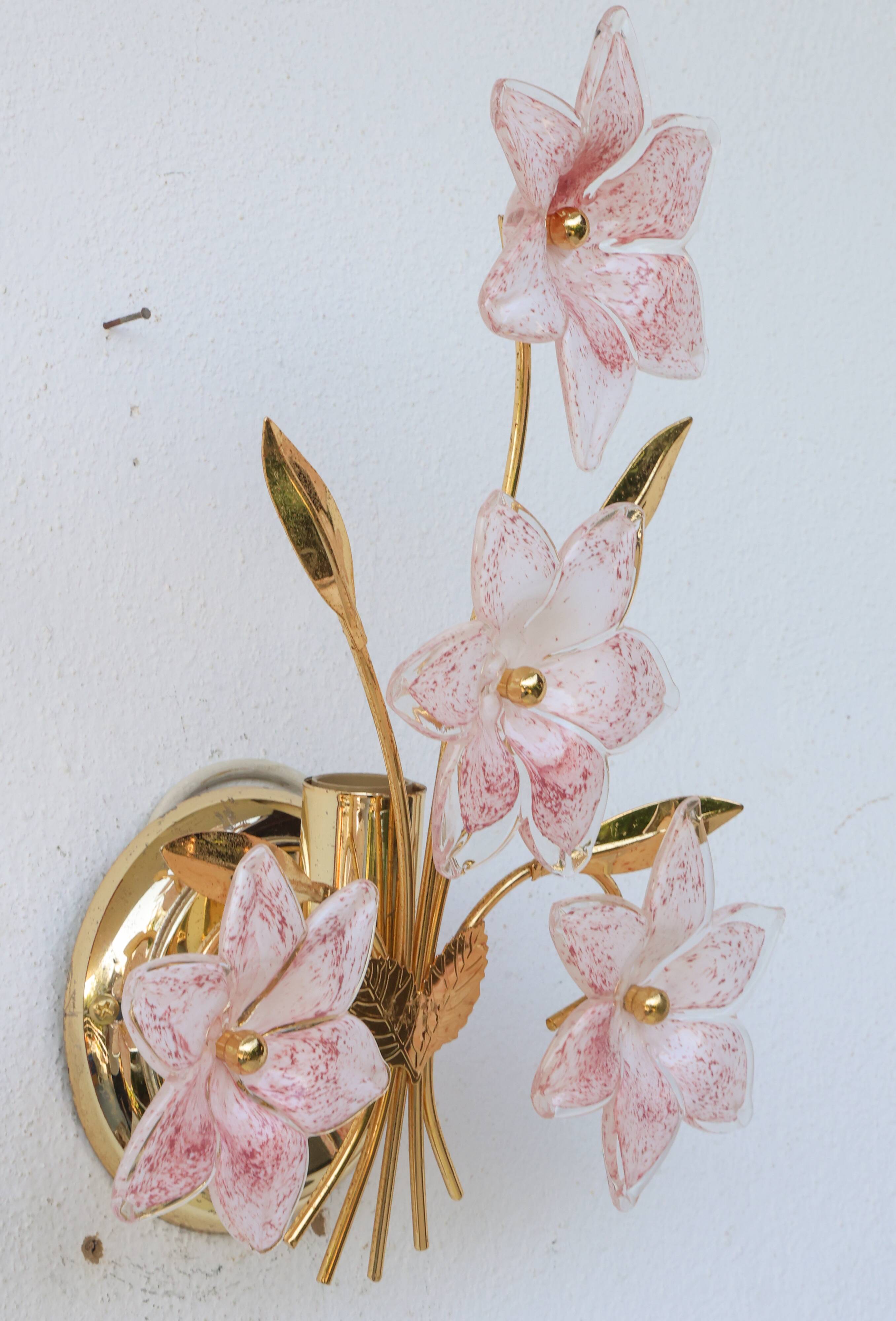 Ensemble de 2 appliques Murano fleurs roses, années 1970