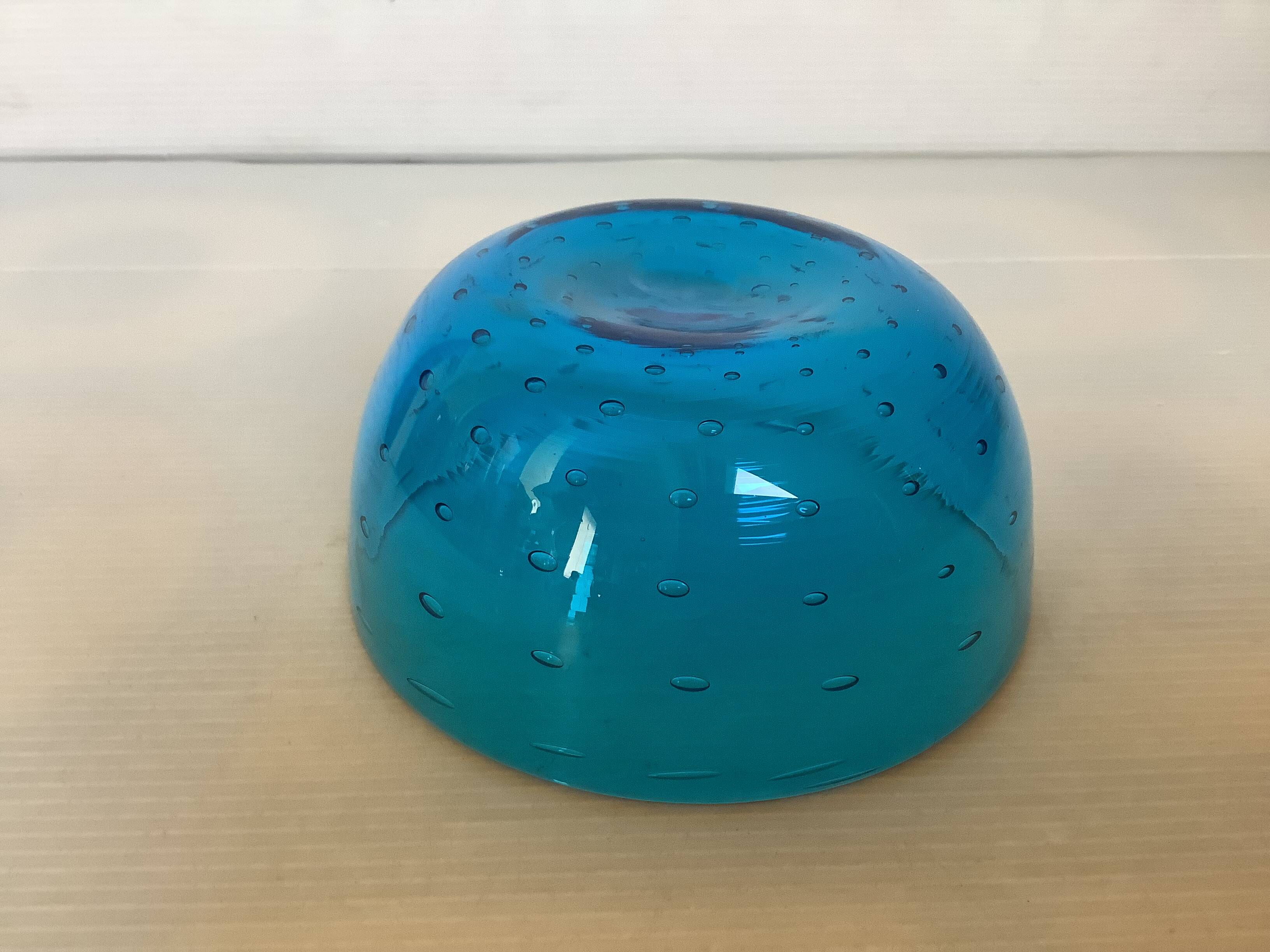 Blue glass bowl with bubbles, Murano style.