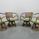 1980s Set of Four Rattan Armchairs with Fabric Pillows