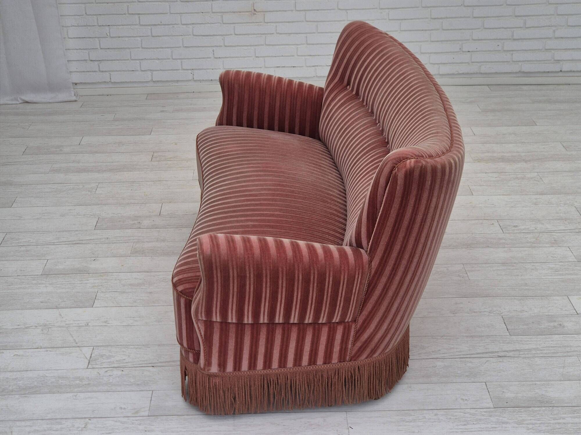 1960s, Danish 3-seater curved sofa, pink-salmon furniture velour, original.