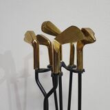 Vintage Set of five Brass Fireplace Tools in Golf Themed Clubs, France circa 1950's