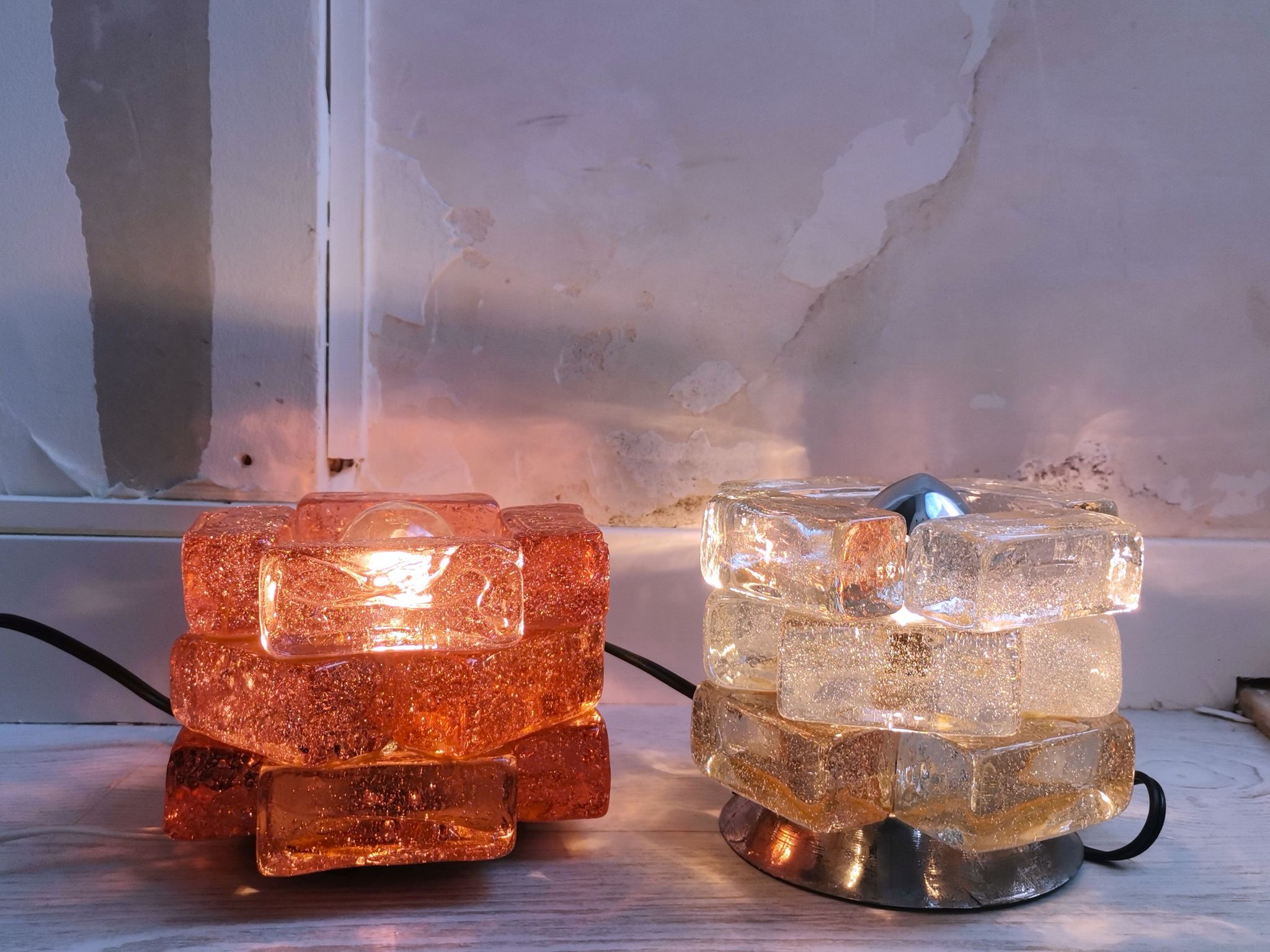 Brutalist solid bubble glass clear and red table lamps 1960s, set of 2