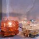 Brutalist solid bubble glass clear and red table lamps 1960s, set of 2