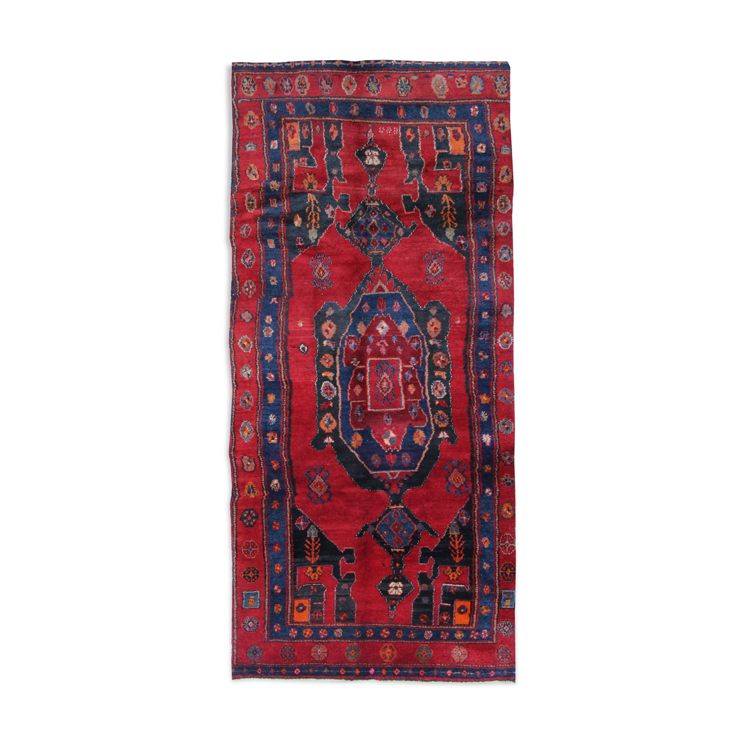 Tapis de coureur oriental bleu rouge long tapis géométrique en laine fait à la main 125x270cm