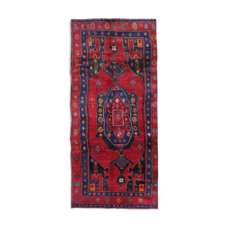 Red blue oriental runner rug long handmade geometric wool carpet 125x270cm