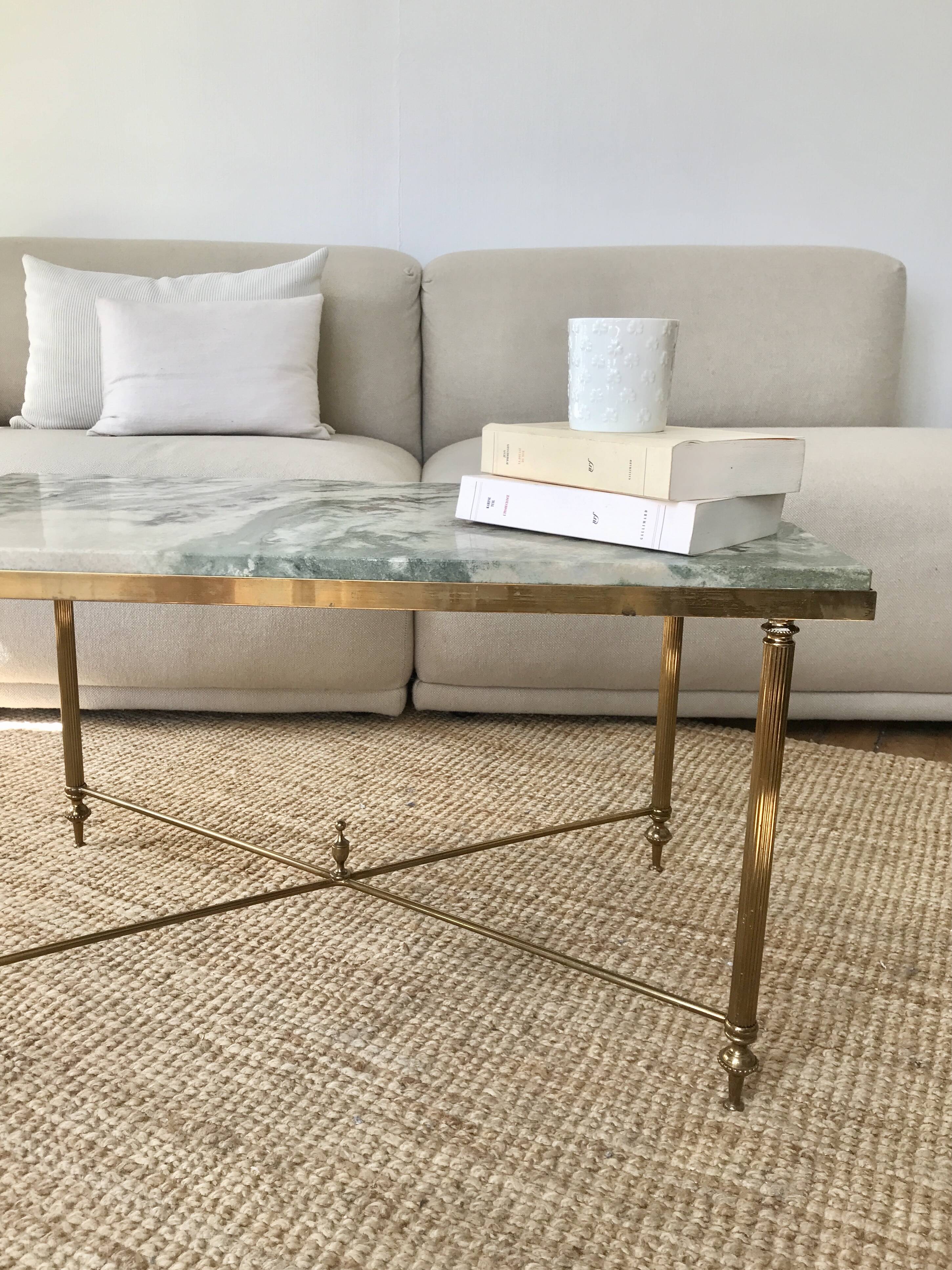 Coffee table in brass and green marble