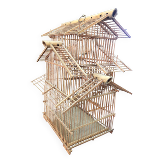 Cage à oiseau ancienne pagode en bambou et bois