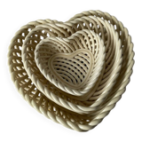 Set of 3 vintage beige heart-shaped woven porcelain nesting baskets