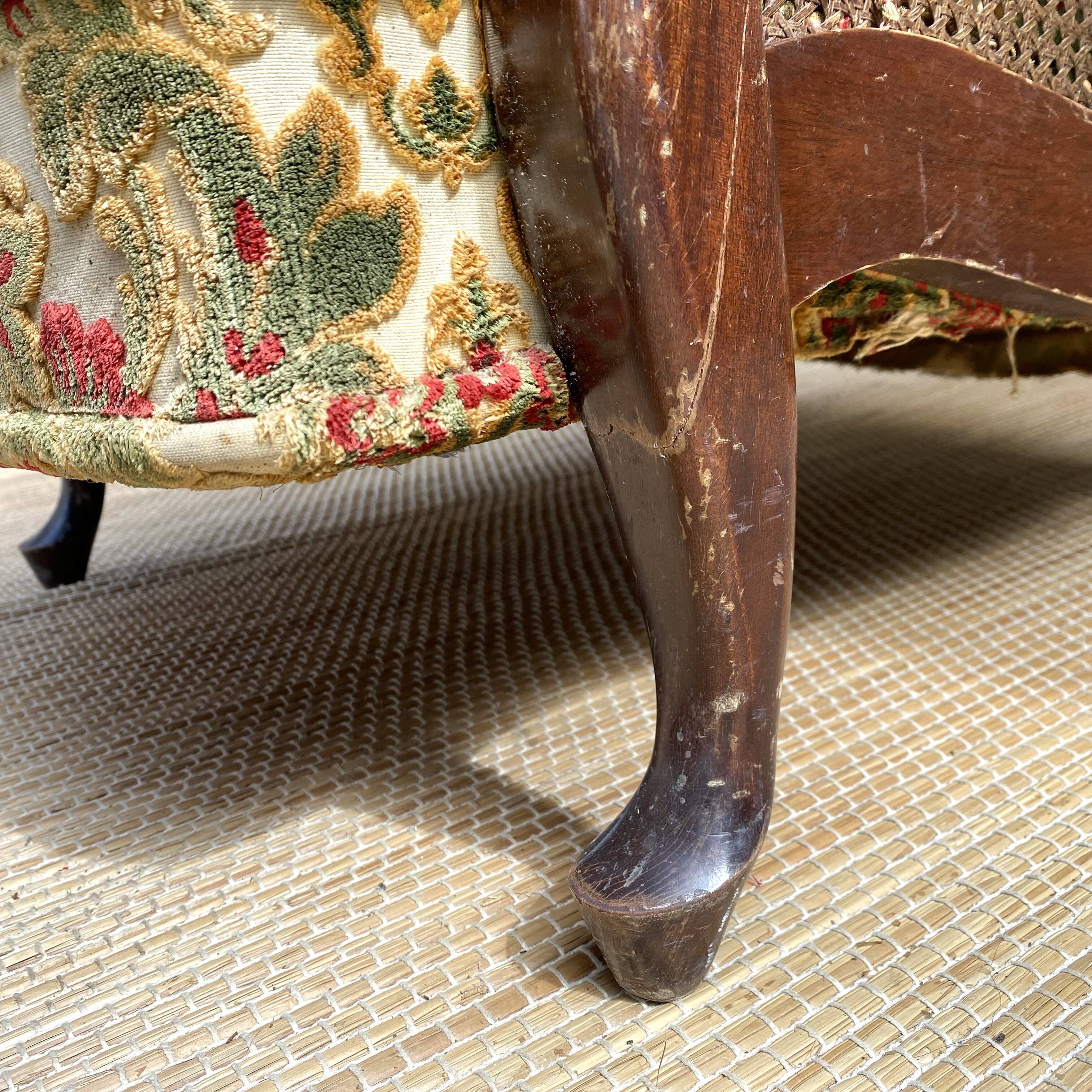 English cane and velvet armchair, Chippendale style
