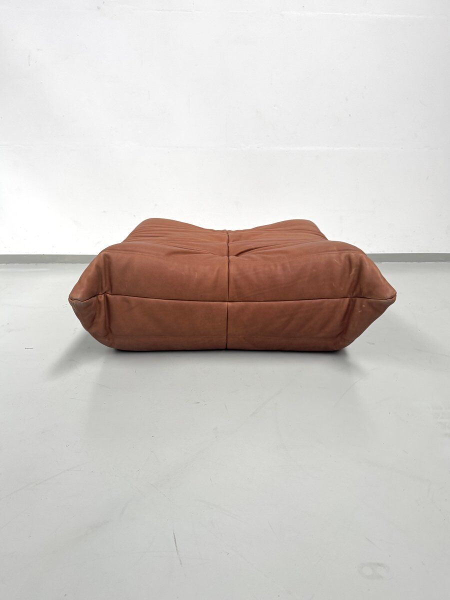French Togo ottoman in cognac neck leather attributed to Michel Ducaroy for Ligne Roset