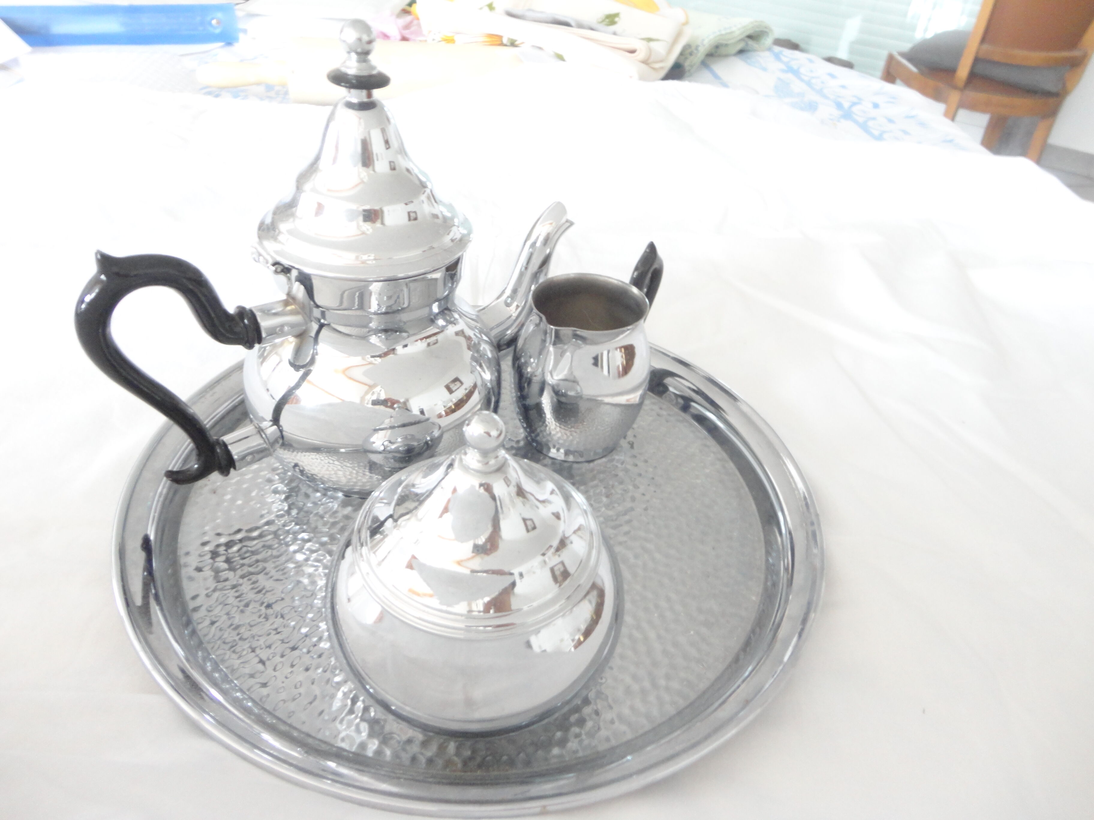 teapot, milk jug, sugar bowl, silver stainless steel, 1980,