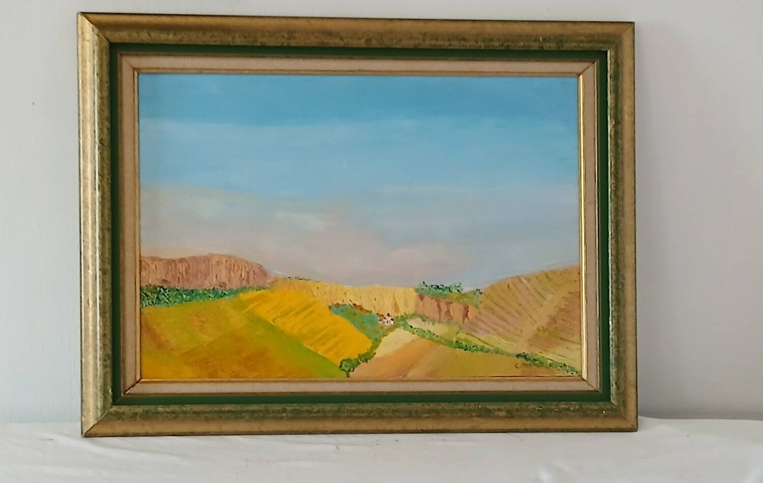 Oil on Canvas "Sunny Countryside" – Vintage Gold and Green Frame