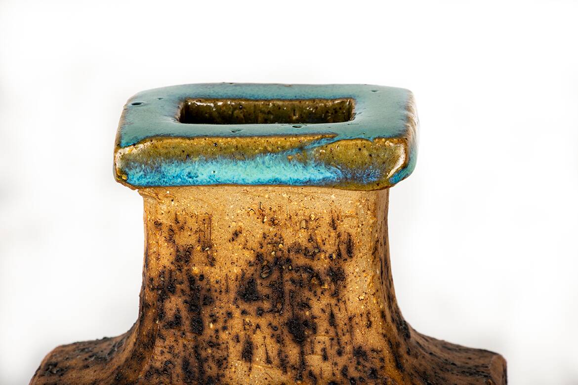 Two Swedish Vases, brutalist, stoneware and glazed collar, Curt Magnus Addin.