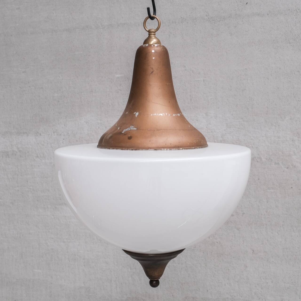 Large mid-century metal and opaline glass french pendant light