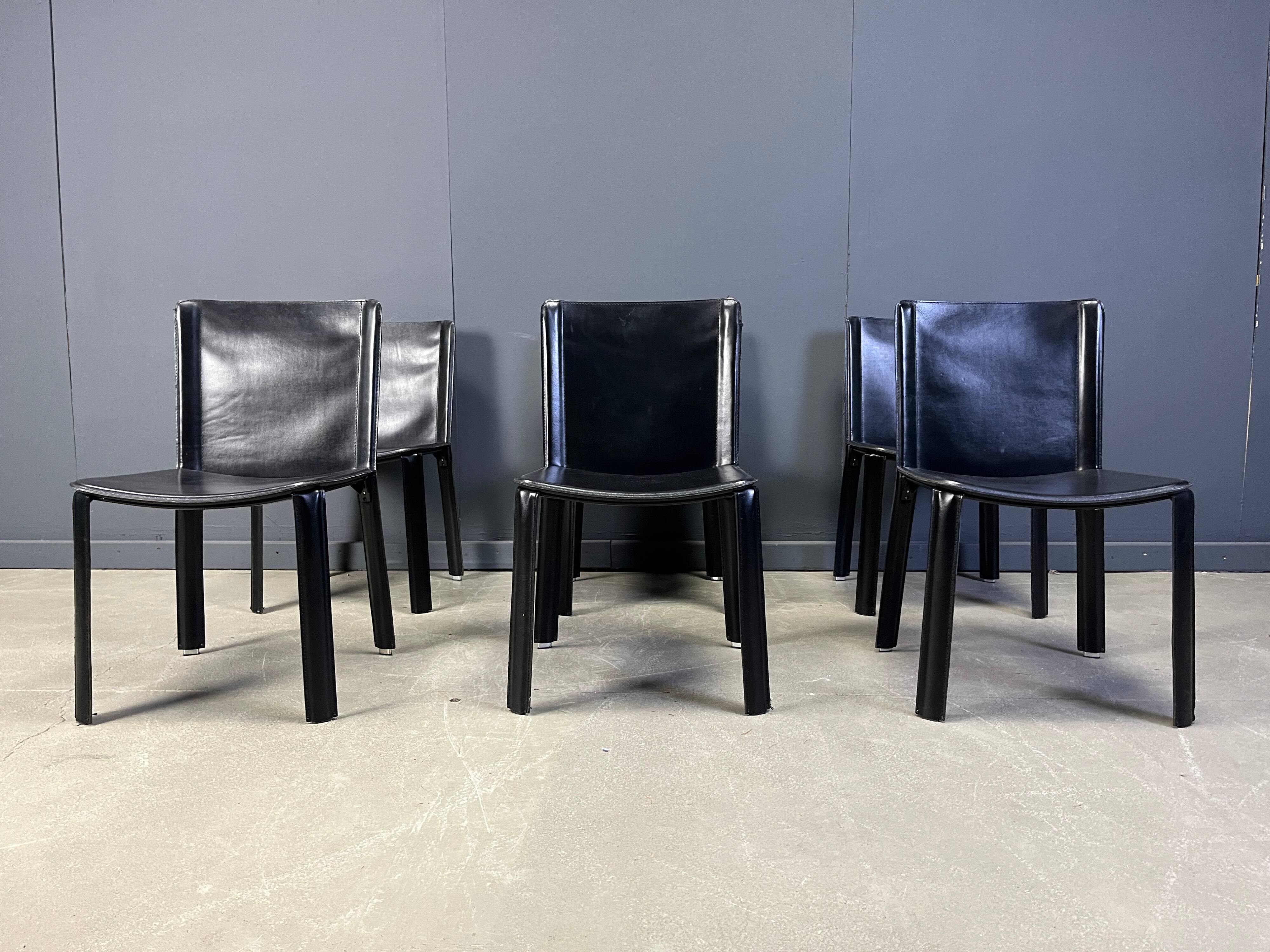 Vintage black leather dining chairs by Cidue, set of 6 - 1980s