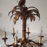 Vintage 1970s gold-tone metal palm tree chandelier with 6 arms