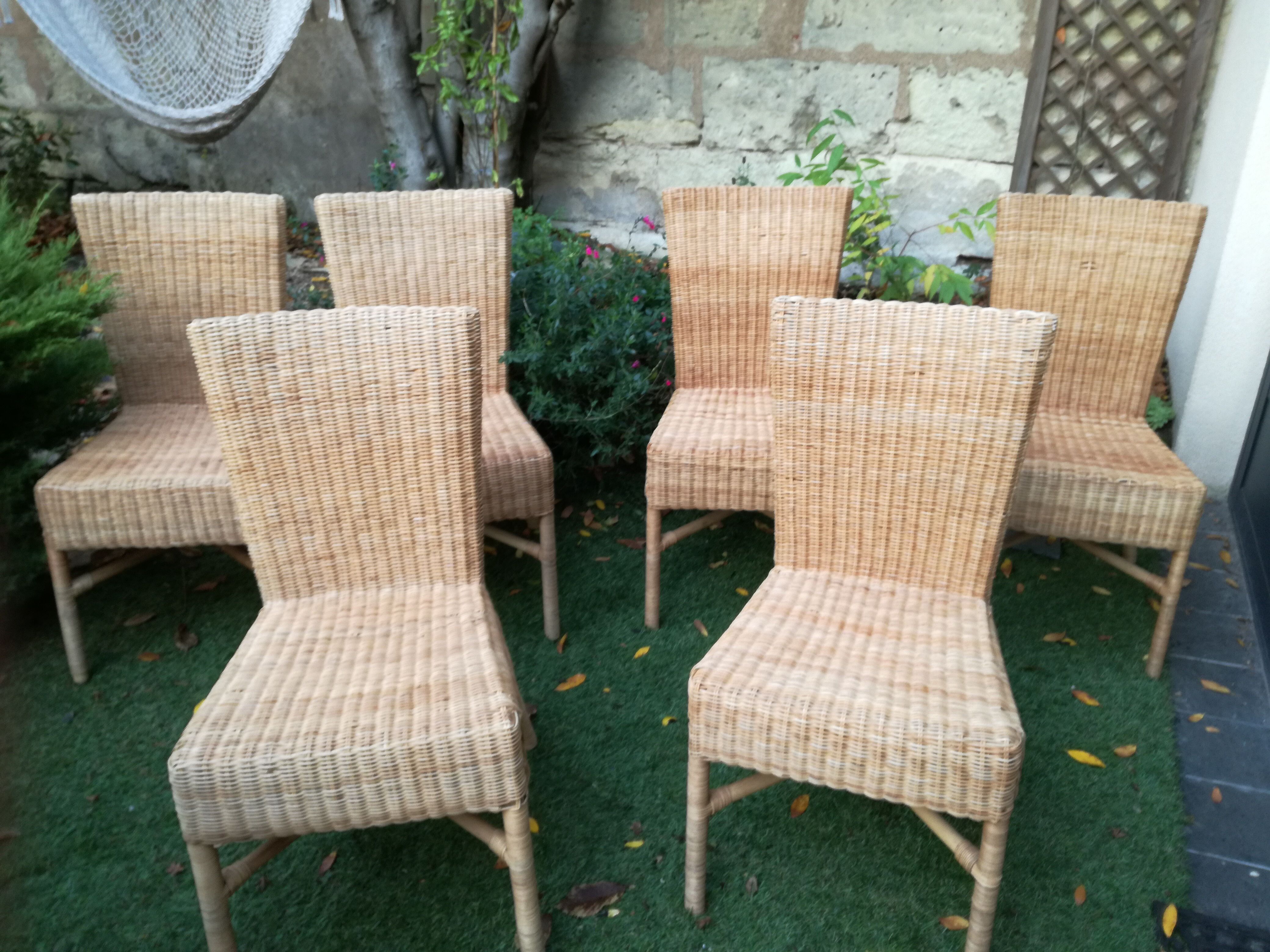 6 chaises vintage en bambou et osier 70's