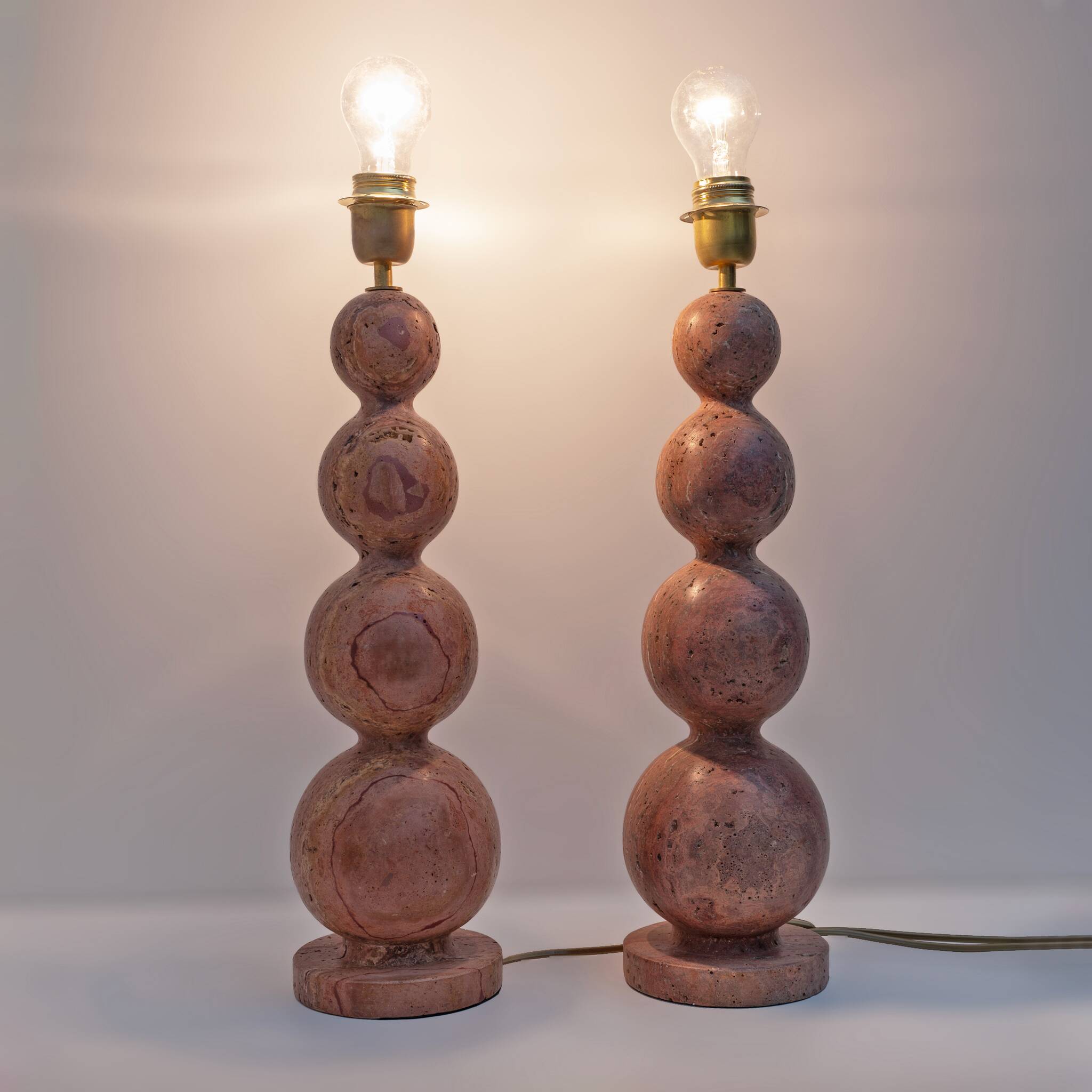 Pair of Italian Modern Red Travertine Sphere Lamps