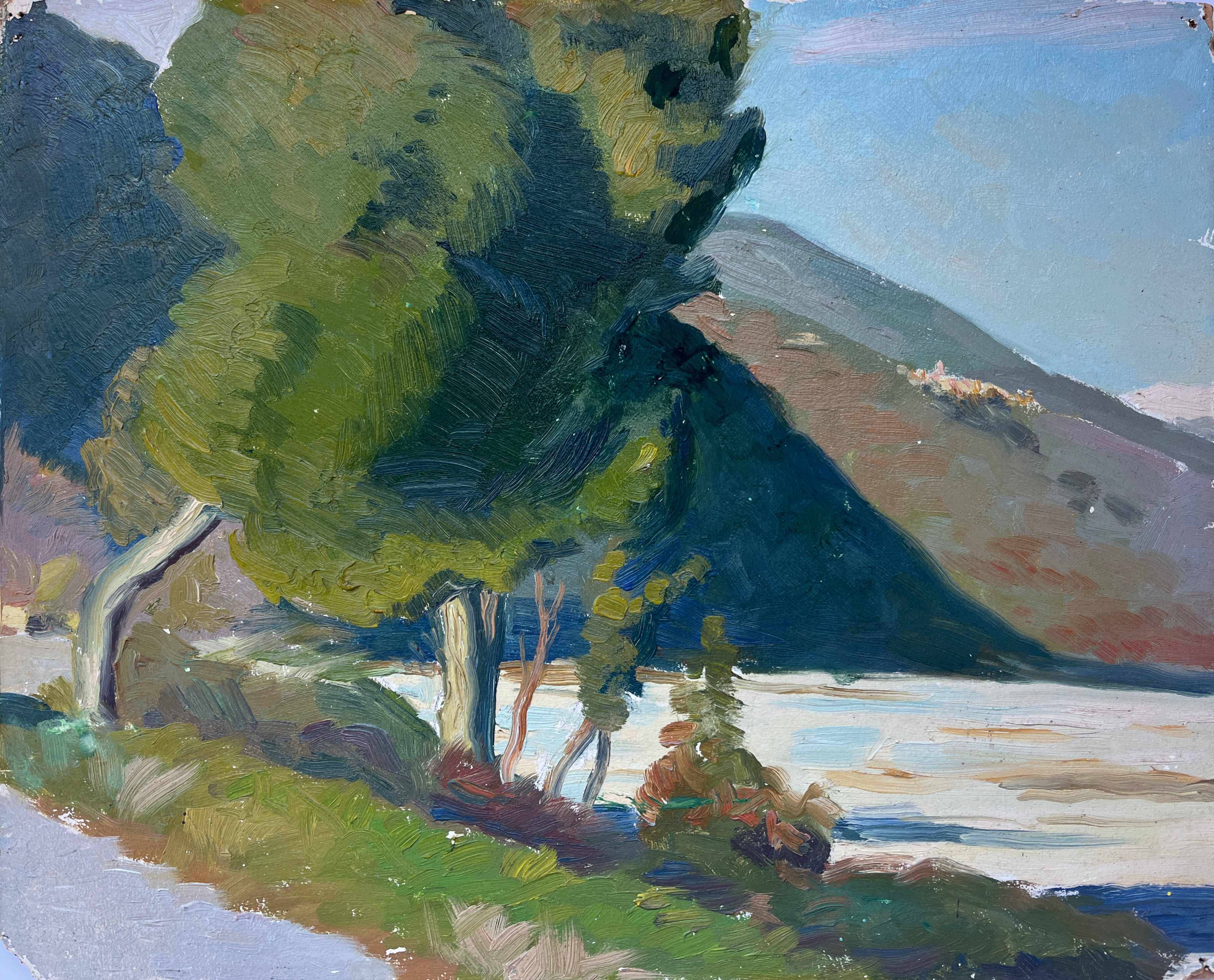 Hsp pochade painting "lake and wooded landscape" circa 1950