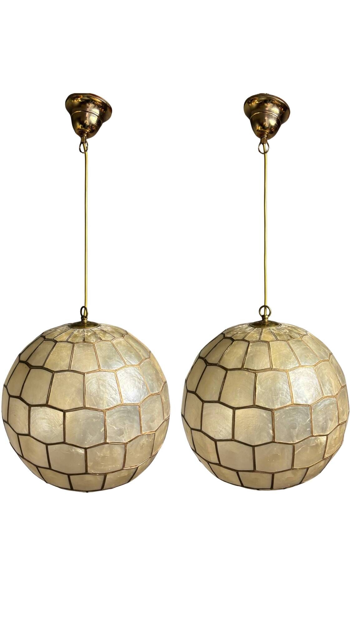 Pair midcentury mother of pearl Capiz large pendants, Feldman Lighting Co