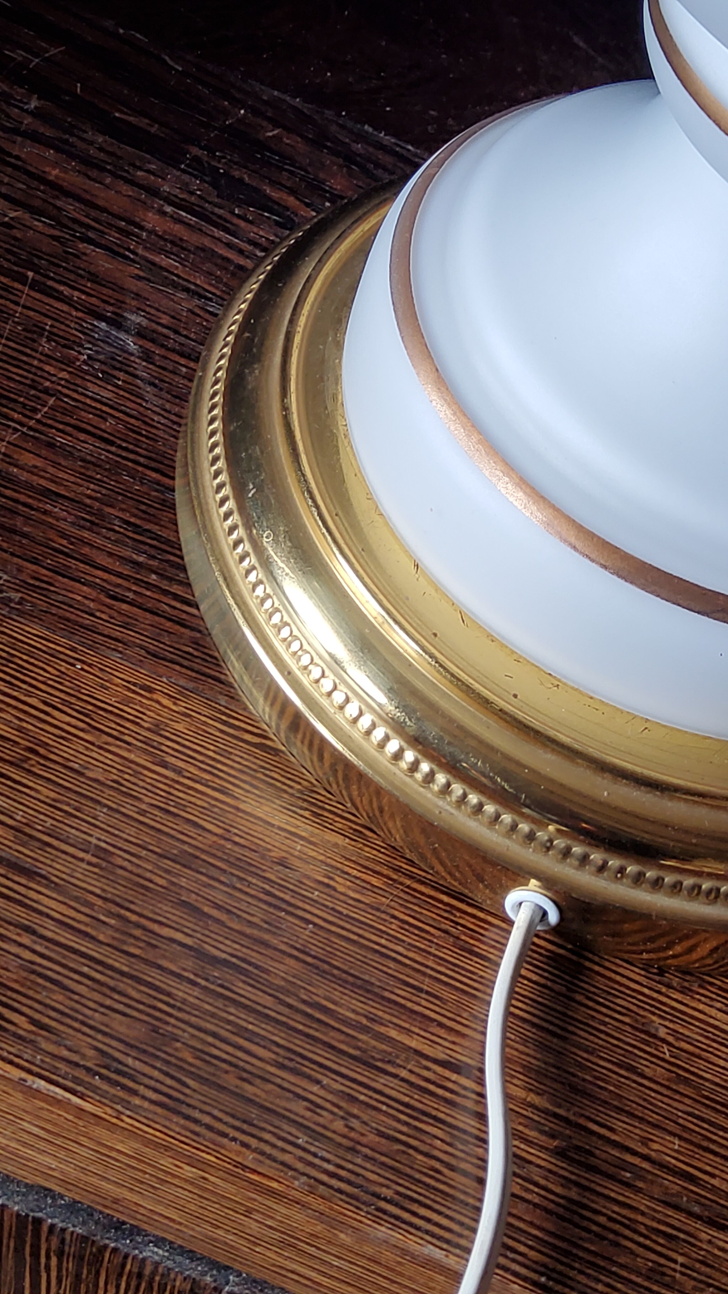 Vintage lamp of the 50s in white and golden opaline glass lampshade in red satin 75cm