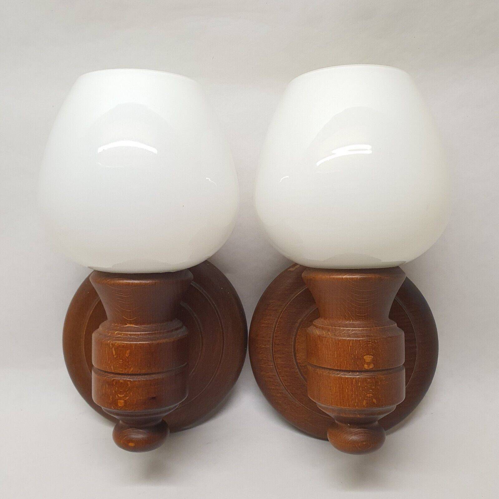 Set of vintage globe opaline wall lights wooden support