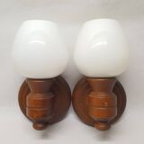 Set of vintage globe opaline wall lights wooden support