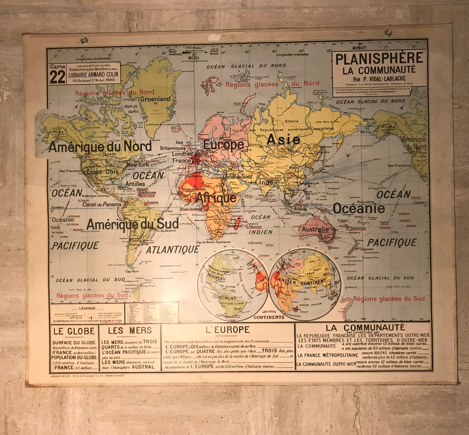School planisphere Vidal-Lablache 1955 map