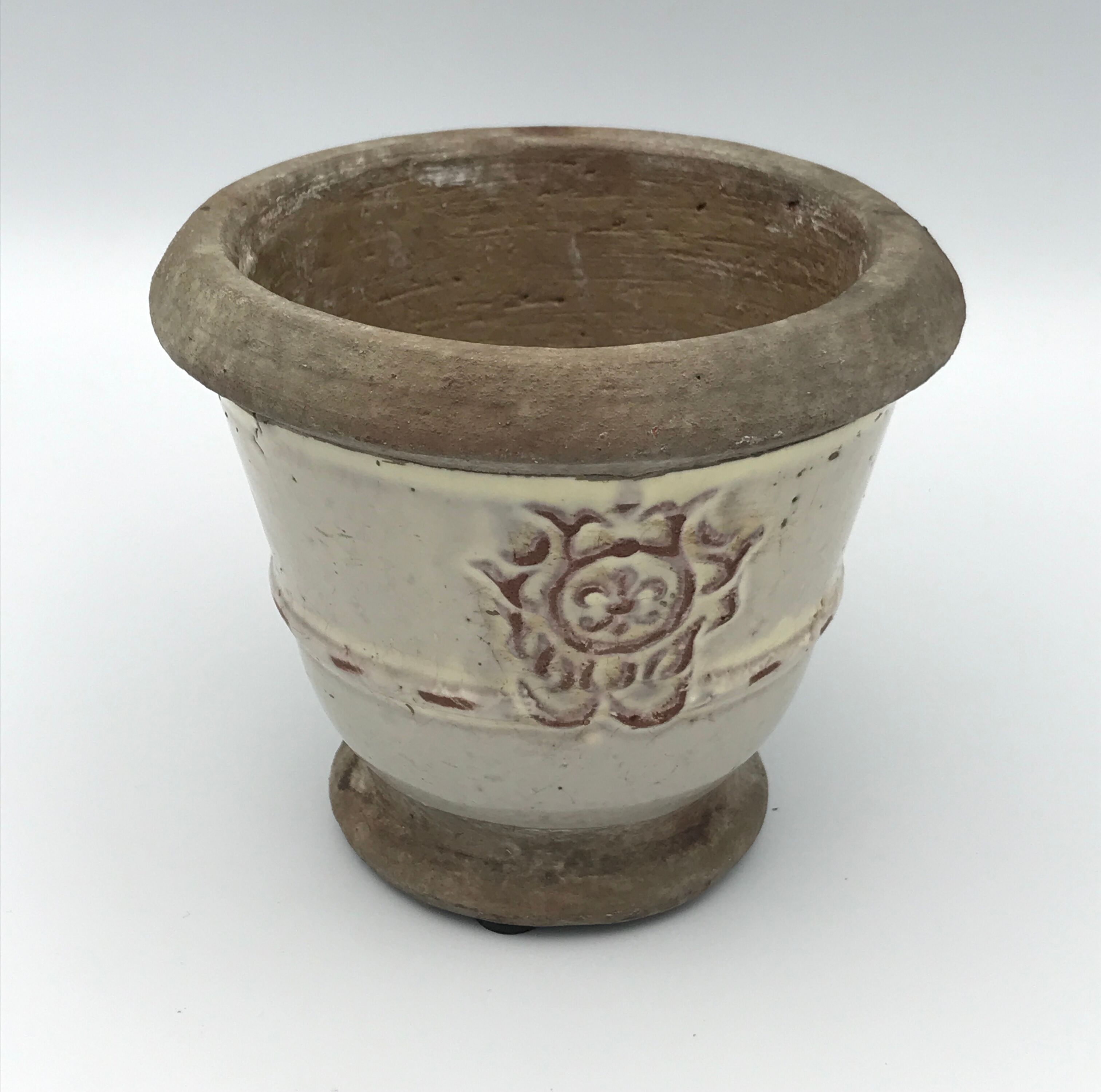 Cache-pot, poterie vintage en grès émaillée céruse à décor de médaillon