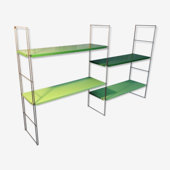 Etagere string style tomado 1960 metal vert 2 tons 4 tablettes 3 montants montant or petites traces