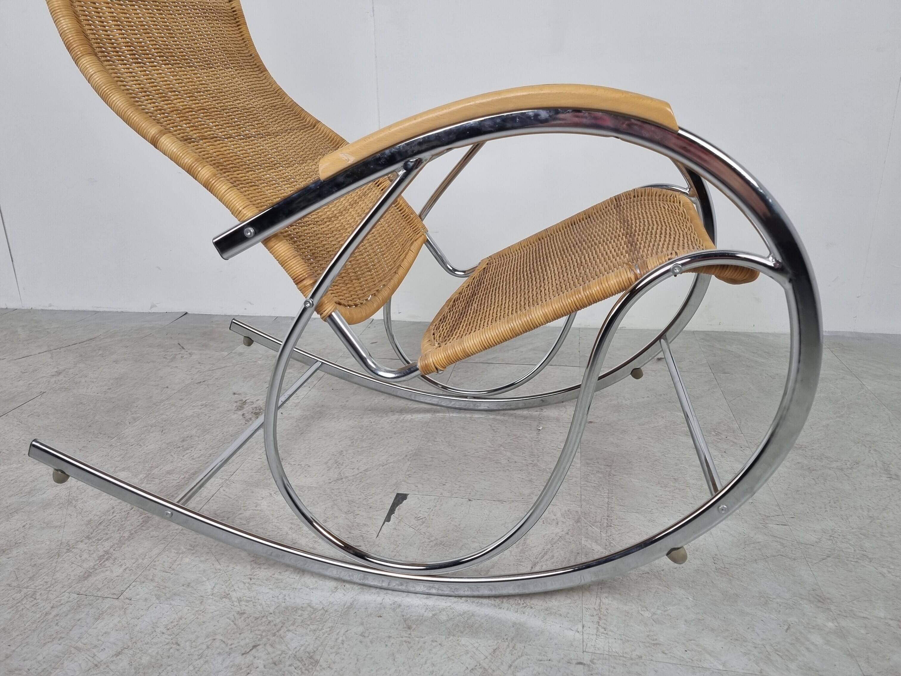 Vintage chrome and wicker rocking chair, 1970s